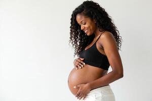 photo of pregnant woman standing pose on white background,