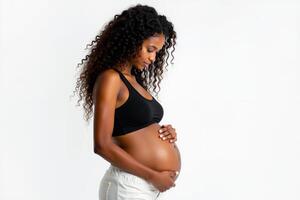 photo of pregnant woman standing pose on white background,