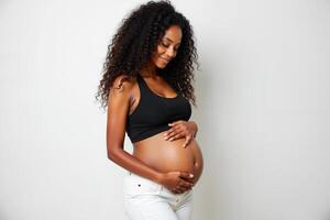 photo of pregnant woman standing pose on white background,