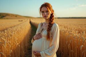 photo of pregnant woman standing pose on golden wheat field,