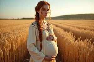 photo of pregnant woman standing pose on golden wheat field,