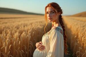 photo of pregnant woman standing pose on golden wheat field,