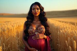 photo of pregnant woman standing pose on golden wheat field,