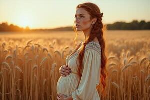 photo of pregnant woman standing pose on golden wheat field,