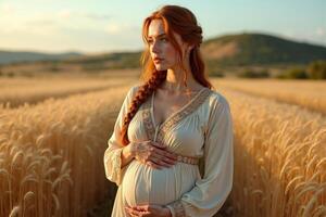 photo of pregnant woman standing pose on golden wheat field,