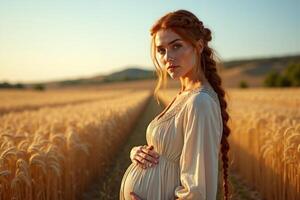 photo of pregnant woman standing pose on golden wheat field,
