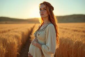 photo of pregnant woman standing pose on golden wheat field,