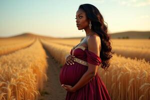 photo of pregnant woman standing pose on golden wheat field,