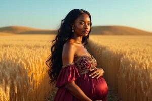 photo of pregnant woman standing pose on golden wheat field,