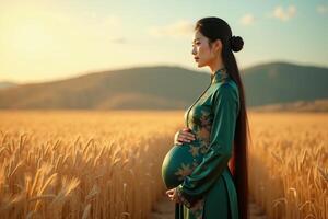 photo of pregnant woman standing pose on golden wheat field,