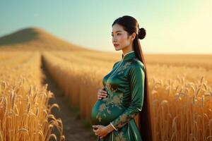 photo of pregnant woman standing pose on golden wheat field,