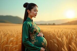 photo of pregnant woman standing pose on golden wheat field,