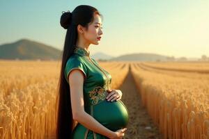 photo of pregnant woman standing pose on golden wheat field,