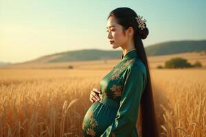 photo of pregnant woman standing pose on golden wheat field,