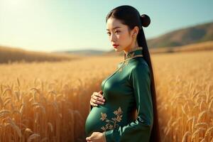photo of pregnant woman standing pose on golden wheat field,