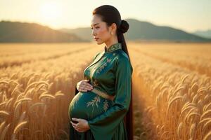 photo of pregnant woman standing pose on golden wheat field,