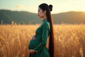 photo of pregnant woman standing pose on golden wheat field,