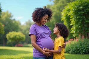 photo of pregnant woman and her kid standing and hugging at garden field,