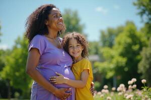 photo of pregnant woman and her kid standing and hugging at garden field,