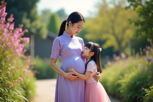 photo of pregnant woman and her kid standing and hugging at garden field,