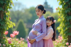 photo of pregnant woman and her kid standing and hugging at garden field,