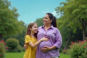 photo of pregnant woman and her kid standing and hugging at garden field,