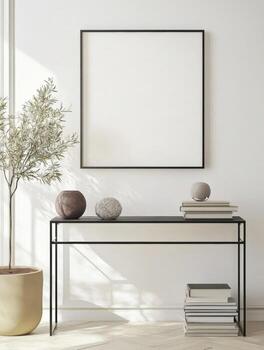 Simple Frame on White Wall with Modern Console Table and Decor photo