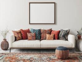 Mockup Frame Above Low Sofa with Vibrant Pillows and Boho-Chic Rug photo