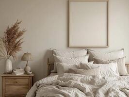 Frame Mockup Above Bed with Neutral Linens and Rustic Decor Elements photo