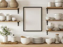 Frame Mockup on Shiplap Wall in Farmhouse Kitchen with Rustic Open Shelves photo