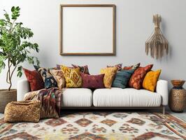 Mockup Frame Above Low Sofa with Vibrant Pillows and Boho-Chic Rug photo