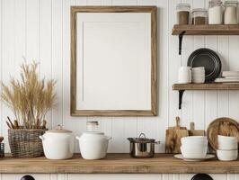 Frame Mockup on Shiplap Wall in Farmhouse Kitchen with Rustic Open Shelves photo
