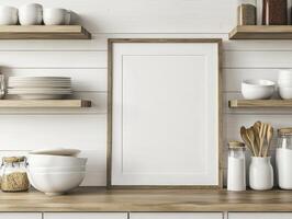 Frame Mockup on Shiplap Wall in Farmhouse Kitchen with Rustic Open Shelves photo