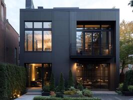 Modern Townhouse with Dark Cladding and Sleek Balcony photo