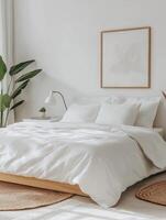Minimalist Bedroom Mockup with Bed, Clean Linens, and Decor photo