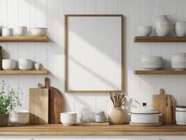 Frame Mockup on Shiplap Wall in Farmhouse Kitchen with Rustic Open Shelves photo