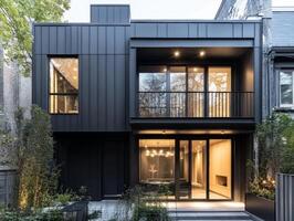 Modern Townhouse with Dark Cladding and Sleek Balcony photo