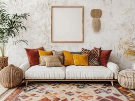 Mockup Frame Above Low Sofa with Vibrant Pillows and Boho-Chic Rug photo