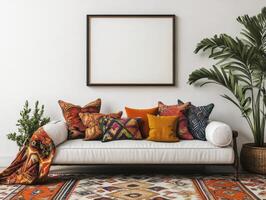 Mockup Frame Above Low Sofa with Vibrant Pillows and Boho-Chic Rug photo