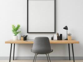Frame Mockup Behind Contemporary Desk with Ergonomic Chair and Accessories photo