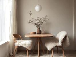Cozy Dining Nook with Wooden Table and Fresh Greenery photo