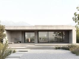 Minimalist House with Raw Concrete Exterior, Flat Roof, and Large Windows photo