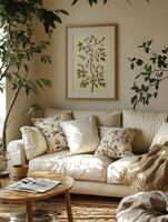 Cozy Living Room Mockup with Sofa, Coffee Table, and Artwork photo