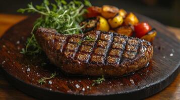 Grilled Steak Perfection. Juicy Medium-Rare with Roasted Vegetables on Rustic Wood photo