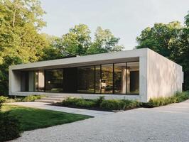 Minimalist House with Raw Concrete Exterior, Flat Roof, and Large Windows photo