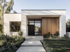Minimalist Home with White Stucco, Warm Wood Accents, and Black Framed Windows photo