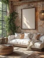 3D Render of a Farmhouse Living Room Interior with a Mockup Frame photo