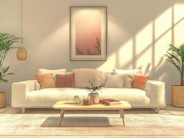 Cozy Living Room Mockup with Sofa, Coffee Table, and Artwork photo
