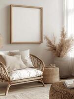 3D Render of a Farmhouse Living Room Interior with a Mockup Frame photo