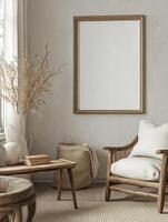 3D Render of a Farmhouse Living Room Interior with a Mockup Frame photo
